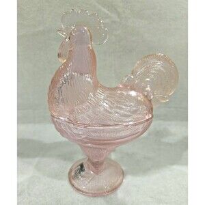 Circleware Pink Glass Rooster Covered Candy Dish Pedestal 2 Piece MINT No Chips